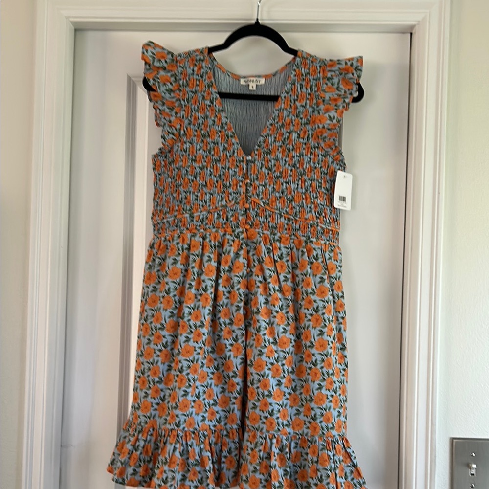 NWT- Wishlist Orange Floral Flutter Sleeve Smocked Mini Dress